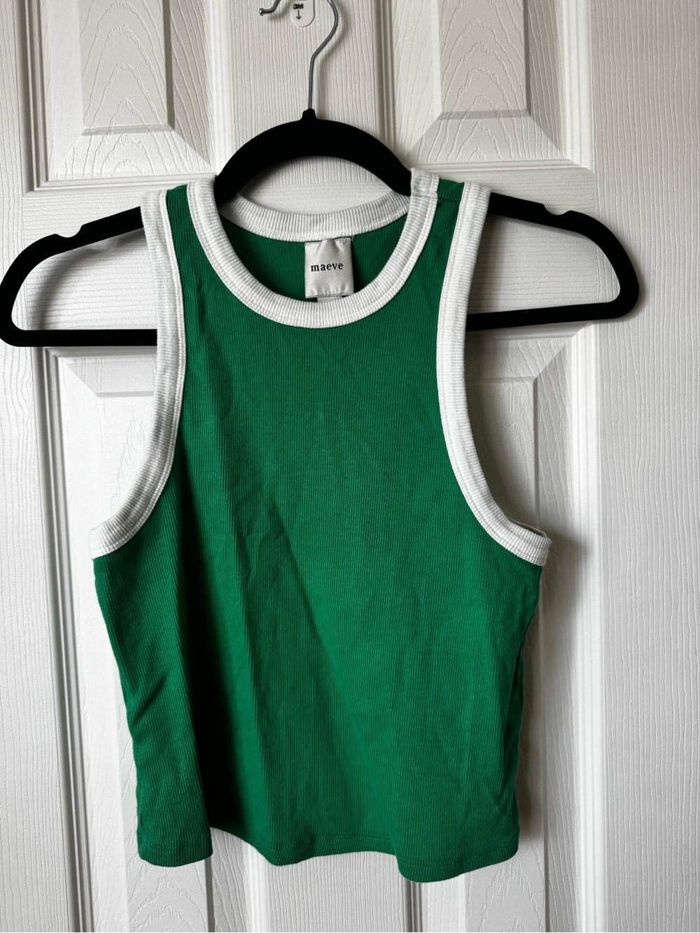 Maeve Cropped Green Ribbed Tank Top with White Trim